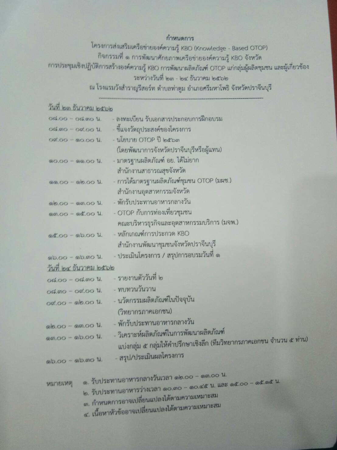 โครงการพัฒนาศักยภาพเครือข่ายองค์ความรู้ Knowledge – Based OTOP  (KBO) จังหวัดปราจีนบุรี กิจกรรมที่ 1 การพัฒนาศักยภาพเครือข่ายองค์ความรู้ KBO จังหวัด : การประชุมเชิงปฏิบัติการสร้างองค์ความรู้ KBO การพัฒนาผลิตภัณฑ์ OTOP แก่กลุ่มผู้ผลิตชุมชน และผู้เกี่ยวข้อง