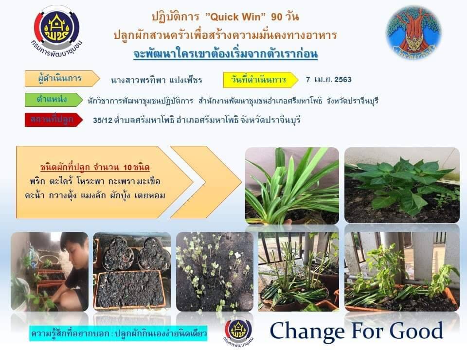 แผนปฏิบัติการ Quick Win 90 วัน “ปลูกผักสวนครัว เพื่อสร้างความมั่นคงทางอาหาร”