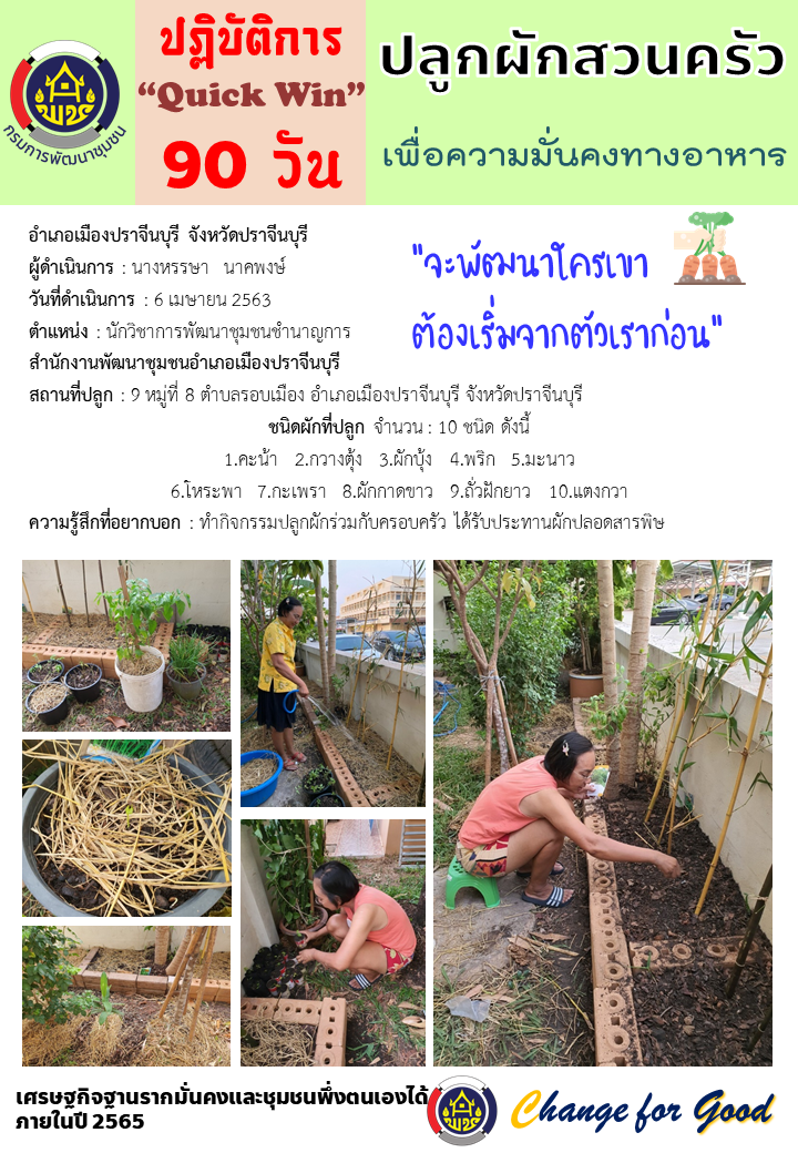 แผนปฏิบัติการ Quick Win 90 วัน “ปลูกผักสวนครัว เพื่อสร้างความมั่นคงทางอาหาร”