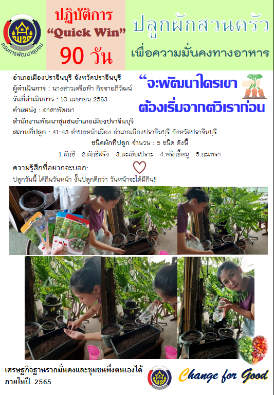 แผนปฏิบัติการ Quick Win 90 วัน “ปลูกผักสวนครัว เพื่อสร้างความมั่นคงทางอาหาร”